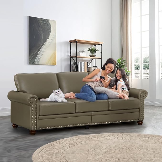 Faux Leather Sofa,82" W Mid Century Modern Couch with Storage Place,Oversized 3 Seater Sofa with Nailhead Trim&Rolled Armrests,Deep Seat Comfy Couch for Living Room,Bedroom,Apartment,Office(Taupe)