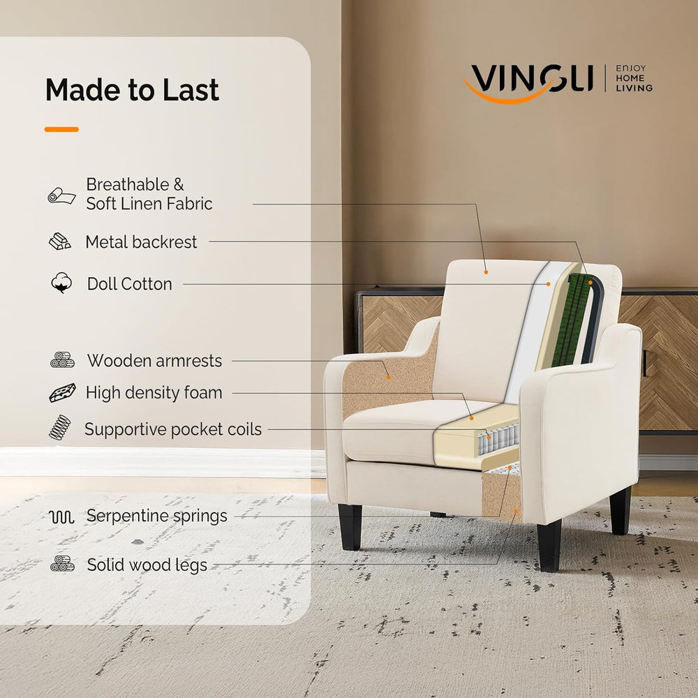 VINGLI Accent Chair, Linen Upholstered Armchair, 380 LBS, Living Room