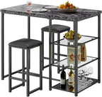 VECELO Small Bar Table and Chairs Set for 2, Upholstered Stools & Glass Storage Shelves, for Kitchen Dining Breakfast Nook, Space-Saving, Faux Marbled & Black