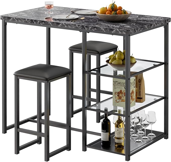 VECELO Small Bar Table and Chairs Set for 2, Upholstered Stools & Glass Storage Shelves, for Kitchen Dining Breakfast Nook, Space-Saving, Faux Marbled & Black