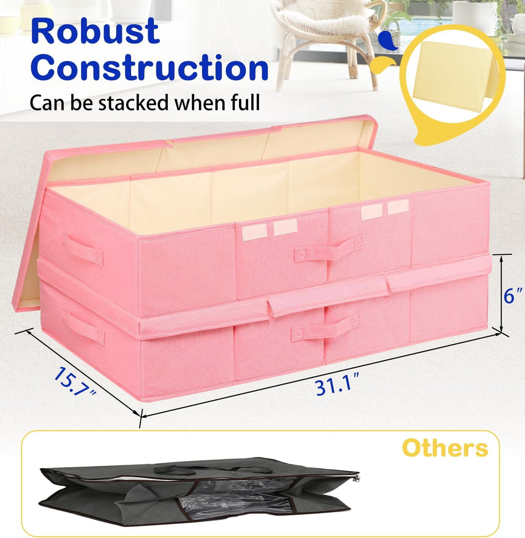 Under Bed Storage, Large Underbed Storage Containers with Lids, Foldable Clothes Storage Bins W/ Reinforced Handle for Bedroom Organization, Closet Organizers for Blanket, Shoe, Pillow -2 Pack, Pink