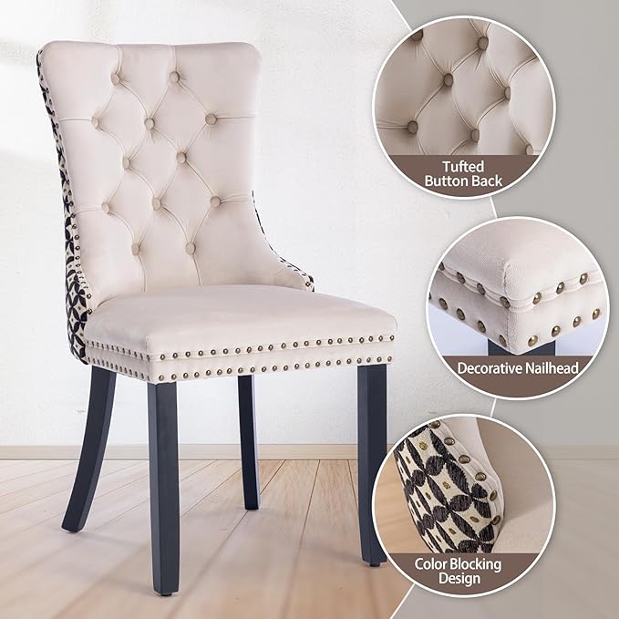 Velvet Dining Chairs Set of 6, High-end Tufted Upholstered Dining Chair with Back Ring Pull, Nailhead Trim and Solid Wood Legs, Modern Dining Room Chairs for Dining Room, Beige &Patterned