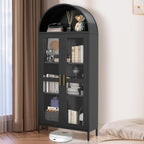 73" Tall Metal Arched Kitchen Pantry,Pantry Cabinet with Glass Door, 2 Adjustable Shelves,Modern Farmhouse Display Bookshelf for Kitchen, Dining Room, Bathroom,Black