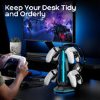 Saitake RGB Controller Holder with 9 Light Modes,Controller Stand with 2 USB Ports,Headset Stand for Desk-Headphone Holder Suitable for All Headphones and Controllers