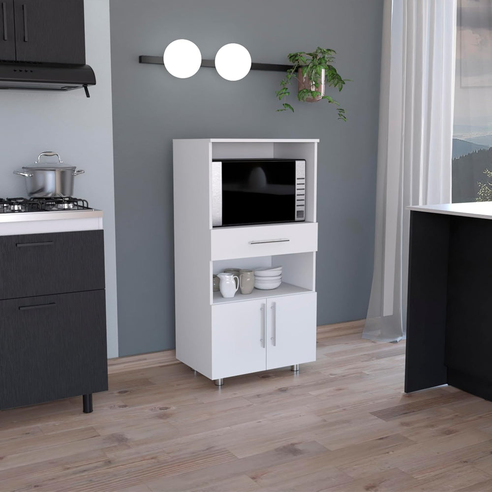 Classic White Kitchen Pantry with Open Shelves, Microwave Shelf, & Storag...