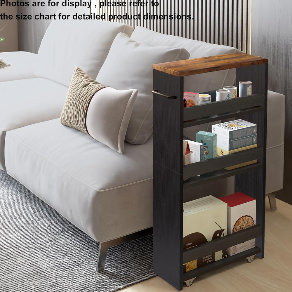 TEAMIX Slim Rolling Storage Cart, Wood 4-Tier Narrow Kitchen/Laundry Cart