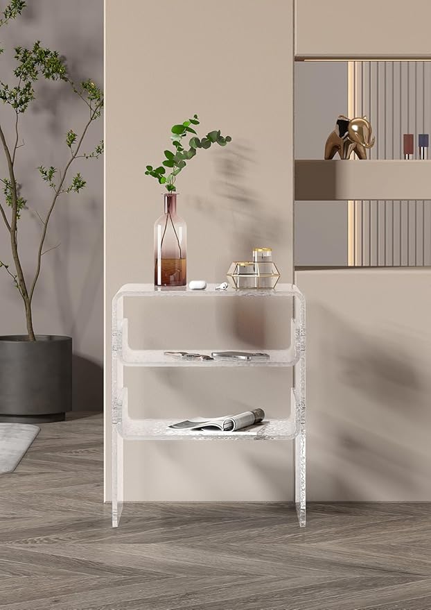 Clear Acrylic 3-Tier End Table/Nightstand – Sleek Bedside Storage with Durable Design, Perfect for Bedrooms, Living Rooms, or Modern Interiors – Ideal as a Bedside Table or Sofa Side Piece Marble