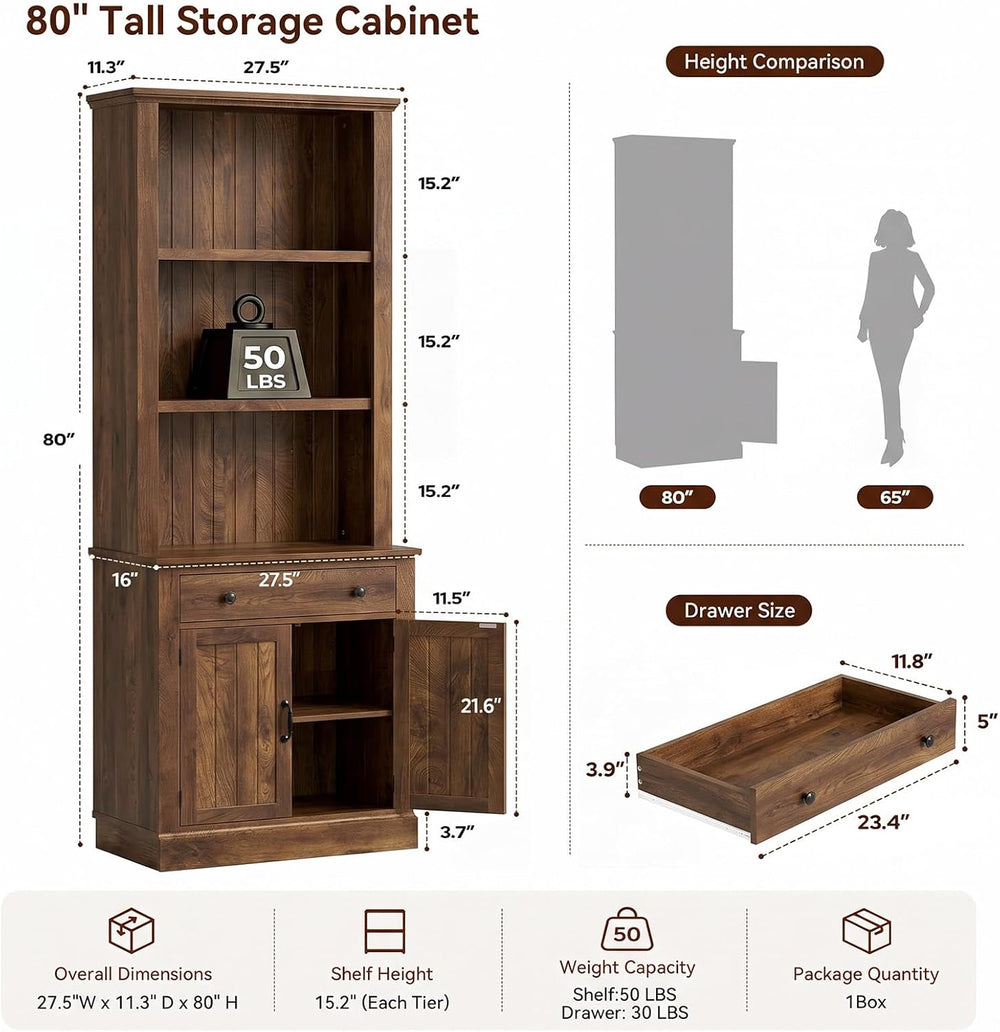 80" Tall Bookcase with Drawer and Doors, Farmhouse Bookshelf,Oak