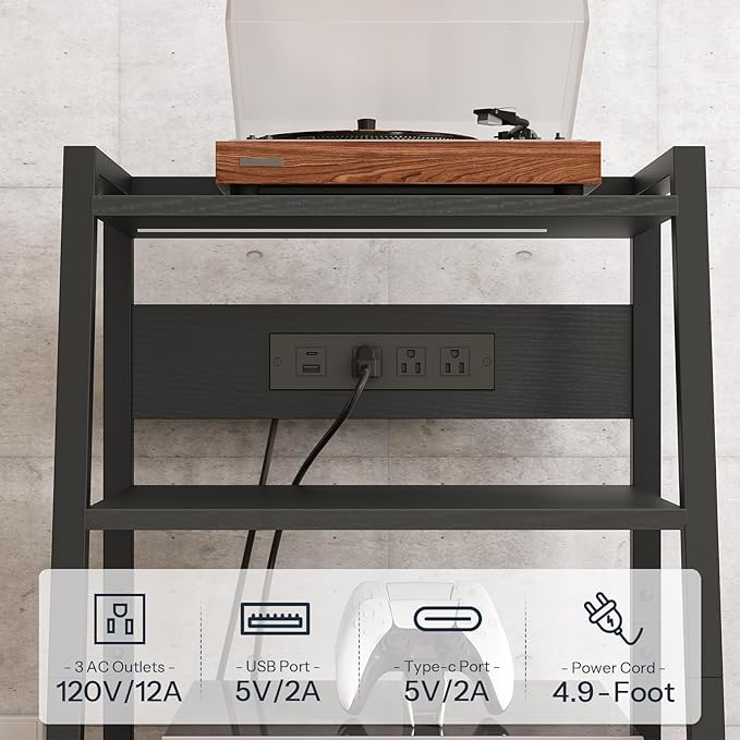 HOOBRO 4-Tier AV Media Stand with Charging Station and LED Light, Wooden Stereo Cabinet, Media Audio Tower Rack, Corner TV Stand, Record Player, Entertainment Device, Black BB106UDCJ01