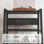 HOOBRO 4-Tier AV Media Stand with Charging Station and LED Light, Wooden Stereo Cabinet, Media Audio Tower Rack, Corner TV Stand, Record Player, Entertainment Device, Black BB106UDCJ01