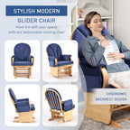 Natural Wood Glider Rocker Chair, Silent Smooth Gliding Nursery Rocking Chair with Solid Hardwood Base, Safety Design, Comfy Cushion for Baby Feeding, Nursery, Living Room, Bedroom, Blue