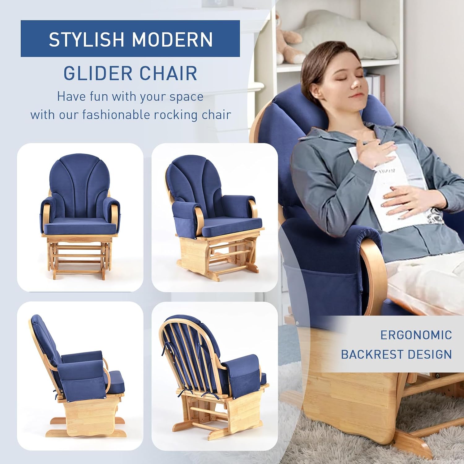Natural Wood Glider Rocker Chair, Silent Smooth Gliding Nursery Rocking Chair with Solid Hardwood Base, Safety Design, Comfy Cushion for Baby Feeding, Nursery, Living Room, Bedroom, Blue
