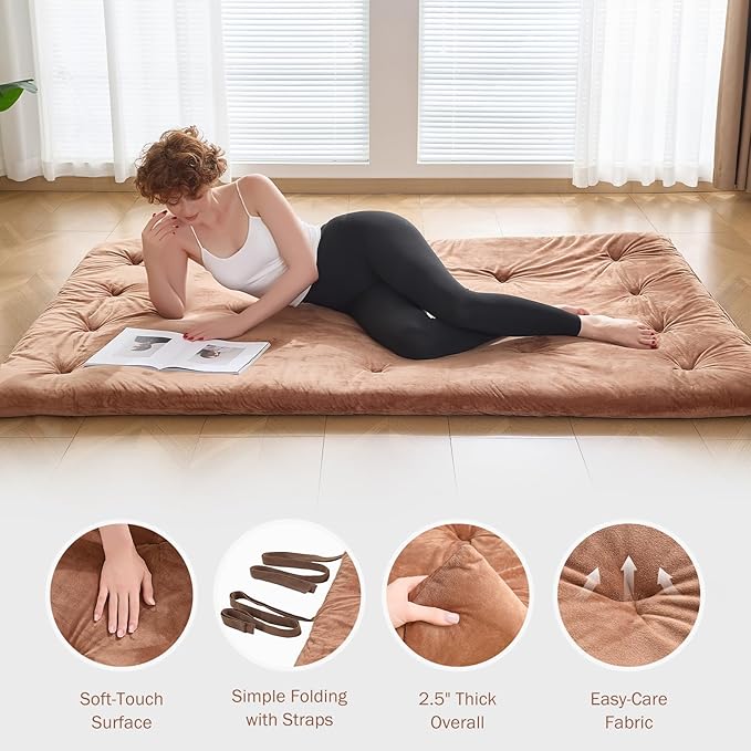 Japanese Floor Futon Mattress Twin Size 38"x 80", 2.5'' Thick Foldable Roll Up Floor Bed Sleeping Pad, 25D Foam Filled Tatami Mat with Straps for Guest Room, Dormitory & Camping, Brown