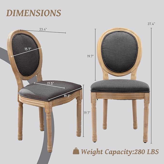 French Country Dining Chairs Set of 2,Farmhouse Upholstered Dining Room Chairs with Round Back and Solid Leg,Fabric Kitchen Side Chairs for Kitchen/Bedroom/Dining Room,Gray