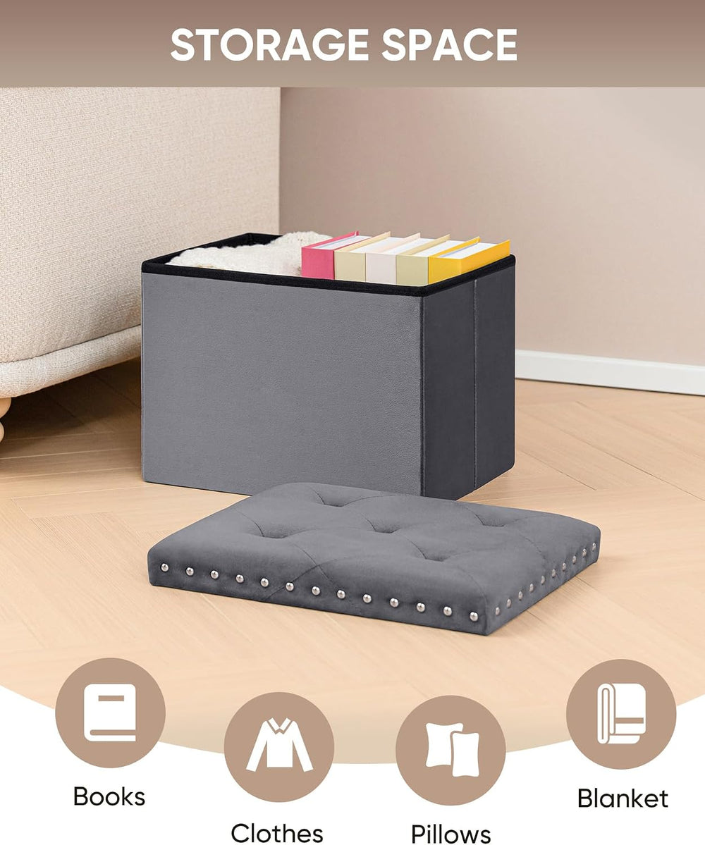 B FSOBEIIALEO Storage Ottoman Cube, 16.5" Velvet Folding Ottoman, Grey