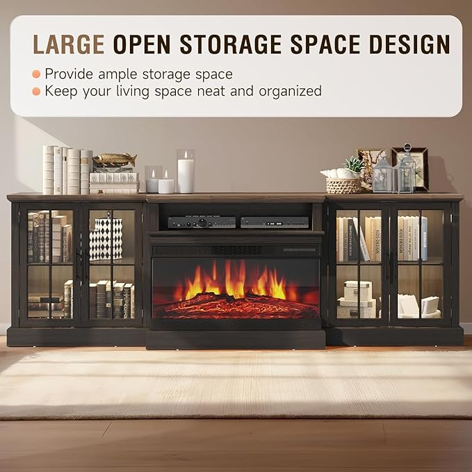 Black 98" Farmhouse TV Stand with 36" Fireplace for Living Room,Media Entertainment Center with Adjustable Shelves and Large Storage Cabinets, TVs up to 100"