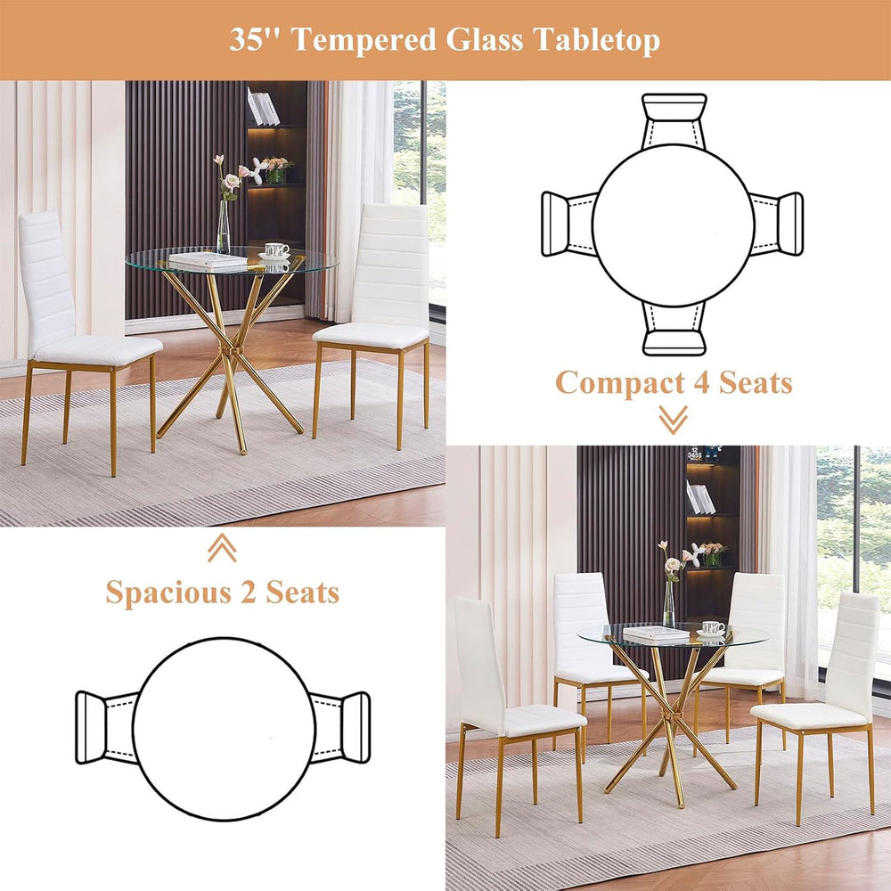 36" Round Glass Dining Room Table with Glass Top and Gold Legs for Kitch...