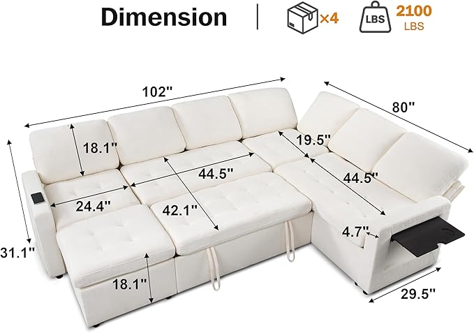 Vipbear 7 Seat L Shaped Modular Sectional Sleeper Sofa Bed with Ottoman/Pull Out Bed/Reclining Backrest/USB Ports/Table/LED Light/Storage Seat, Tool-Free Assembly, Chenille Beige
