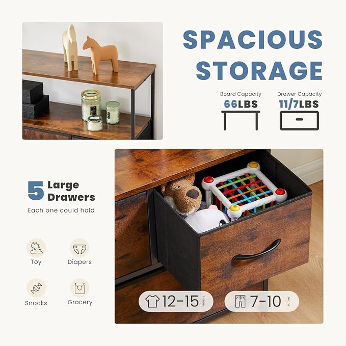 DUMOS TV Stand, Dresser with 5 Fabric Storage Drawers, Media Console Featurin...