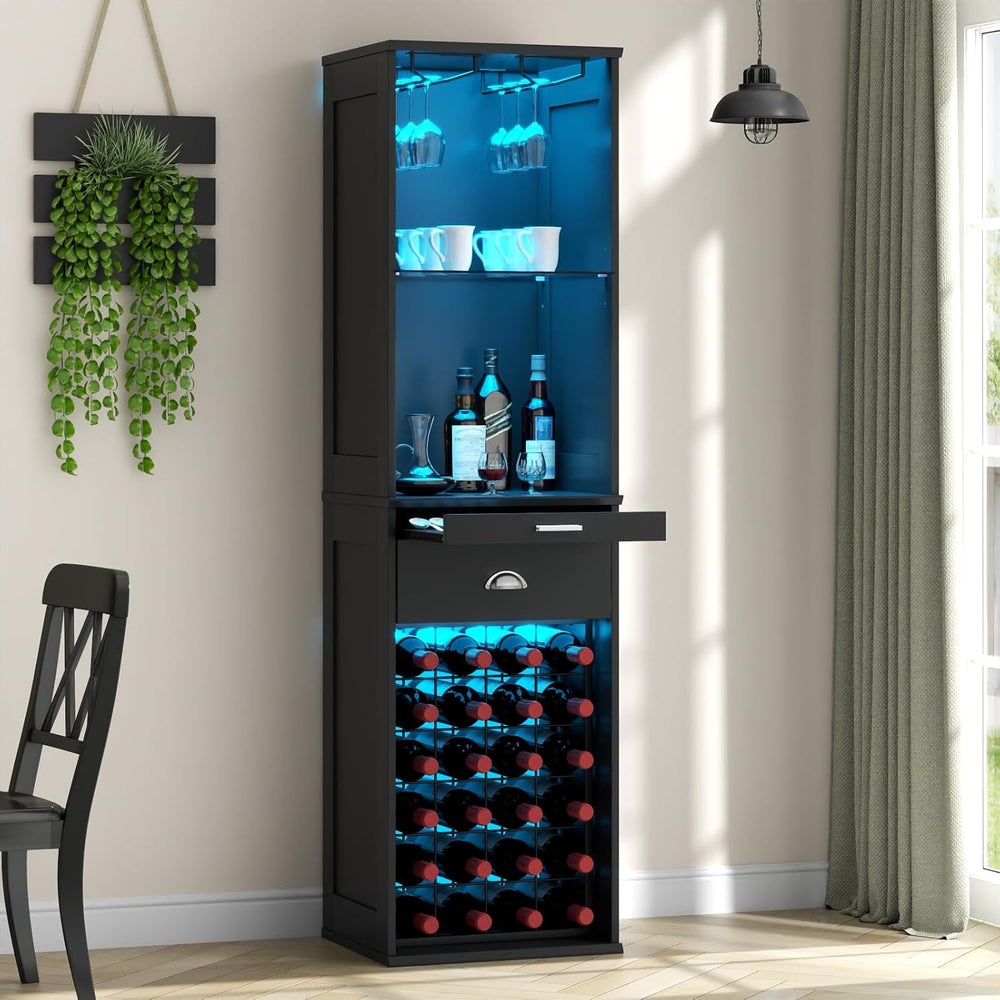 Wine Bar Cabinet w/LED Lights, 65'' Tall Coffee Bar w/24 Wine Rack