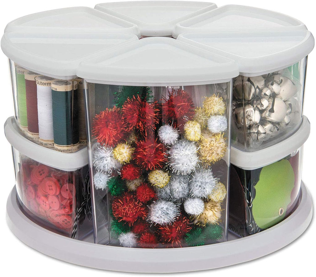 Deflecto Rotating Carousel Craft Organizer, 9-Canister, Includes 3" and 6" Canisters, Removable, Clear, Lids