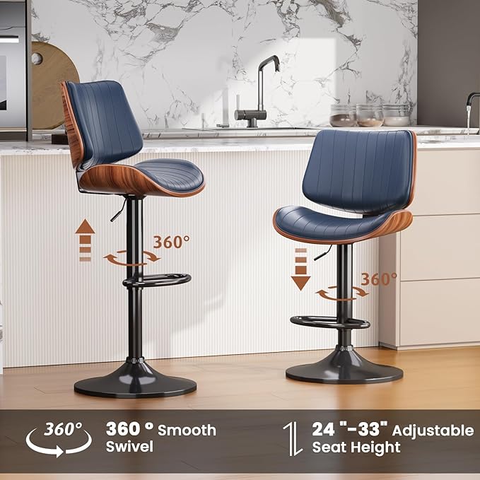 Swivel Bar Stools Set of 1, Adjustable Bentwood Barstools for Kitchen Counter, Modern PU Leather Upholstered Bar Chair with Back and Footrest, for Kitchen Island, Bar, Dining Room, Navy