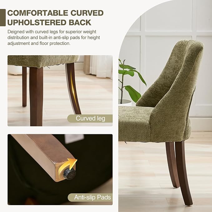 UVV Wooden Dining Chairs Set of 2, Mid Century Modern Chenille Upholstered Di...