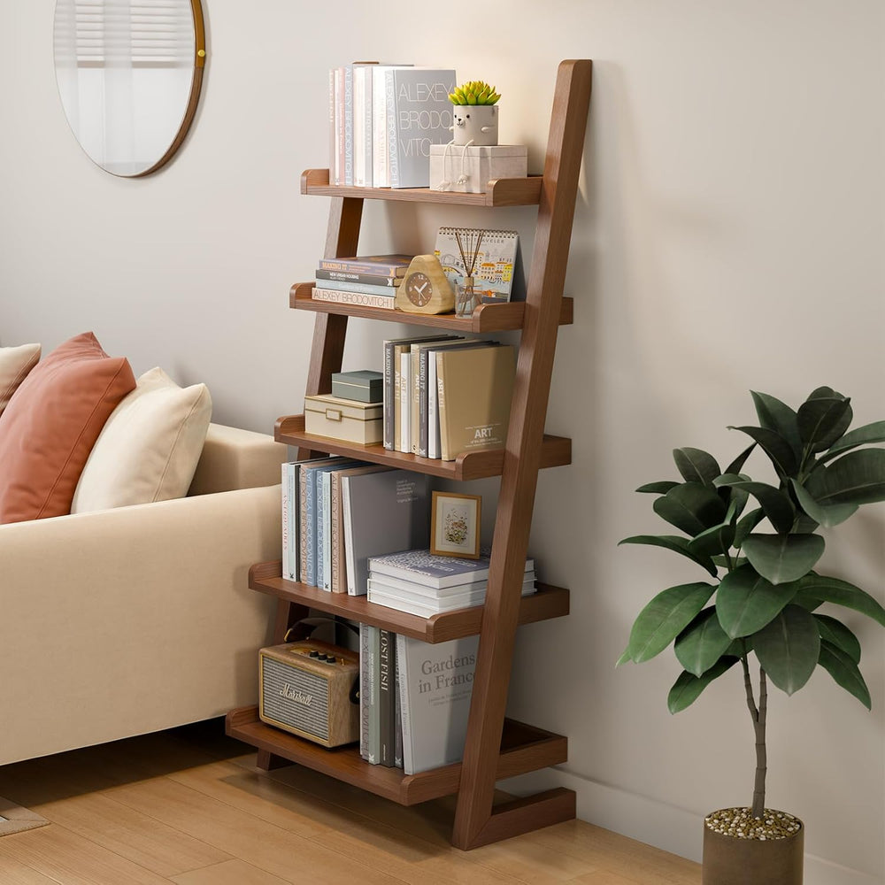 AQIMUELE Walnut Wooden Ladder Shelf with Edges, 5-Tier Modern Leaning Bookshe...