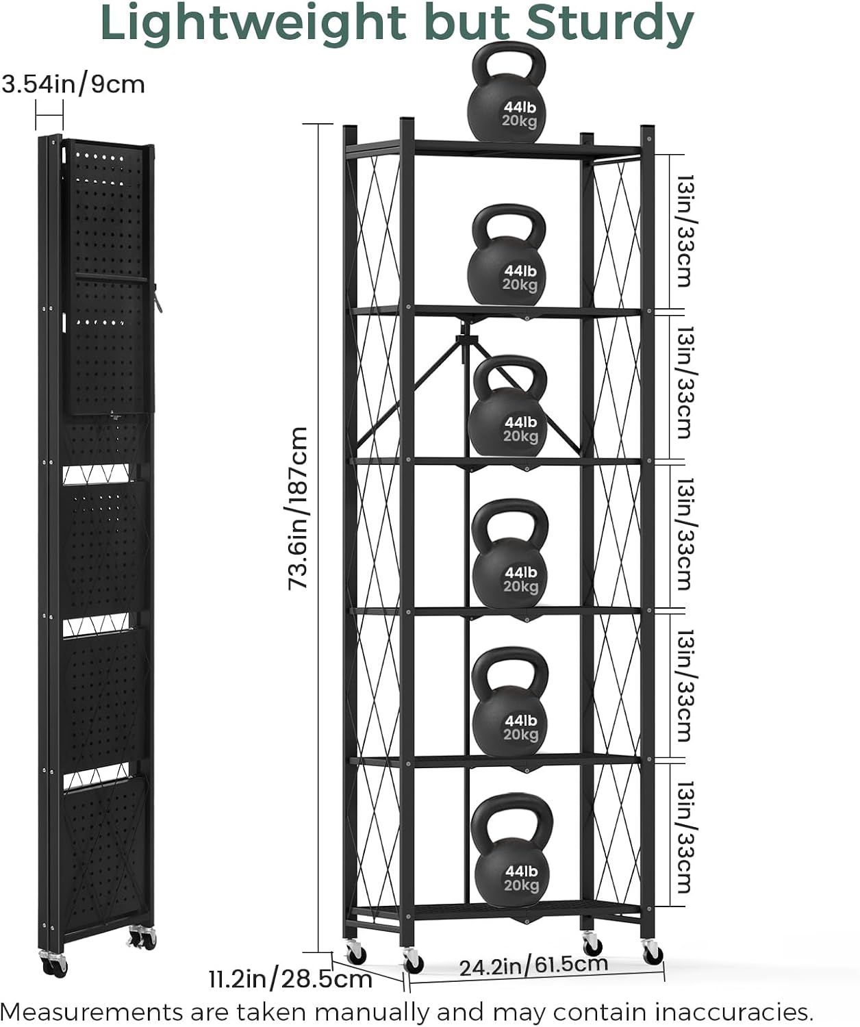 DEANIC 6-Shelf Folding Bookcase with Wheels, Heavy Duty Storage Shelves, Freestanding Metal Wire Shelving Unit for Living Room, Office, Kitchen, Basement, Pantry (Black)