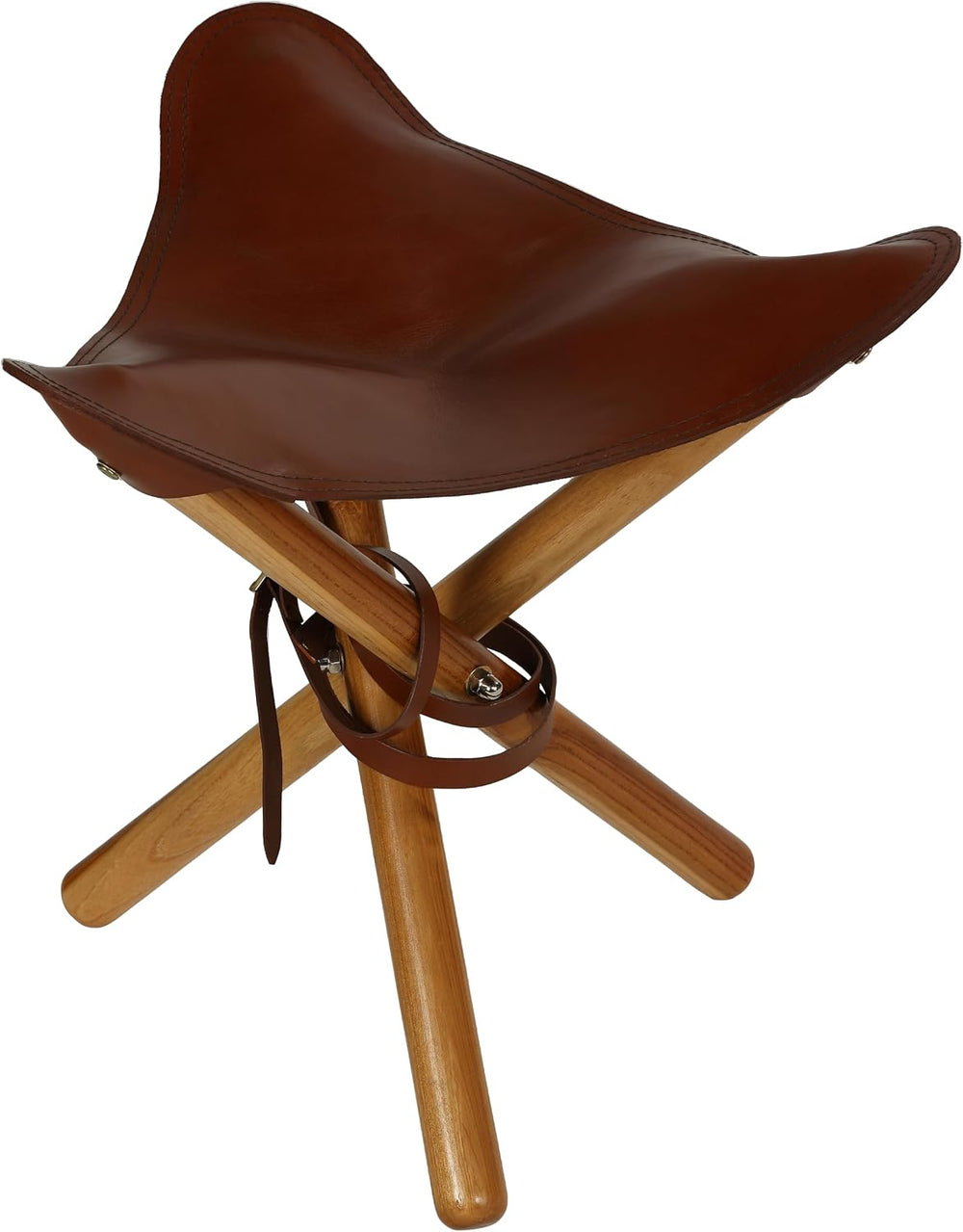 Bare Decor Cuspand Teak and Genuine Leather Artist Folding Accent Stool in Brown
