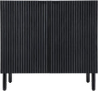 Sango Merk 2-Door Cabinet, Modern Black Storage Cabinet with Vertical Groove Doors, Adjustable Shelf, Cylindrical Wood Legs, Discreet Metal Finger Pulls, Stylish Furniture for Living or Dining Room
