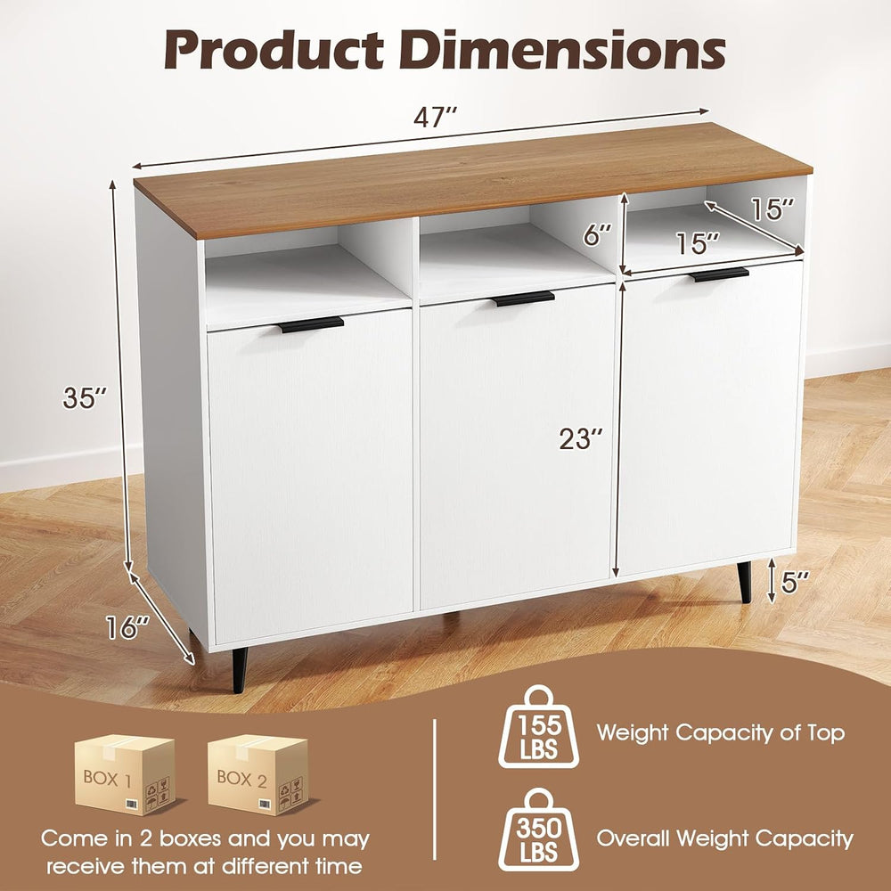 LOKO 47" W Buffet Sideboard, Kitchen Storage Cabinet with 3 Open Compart...