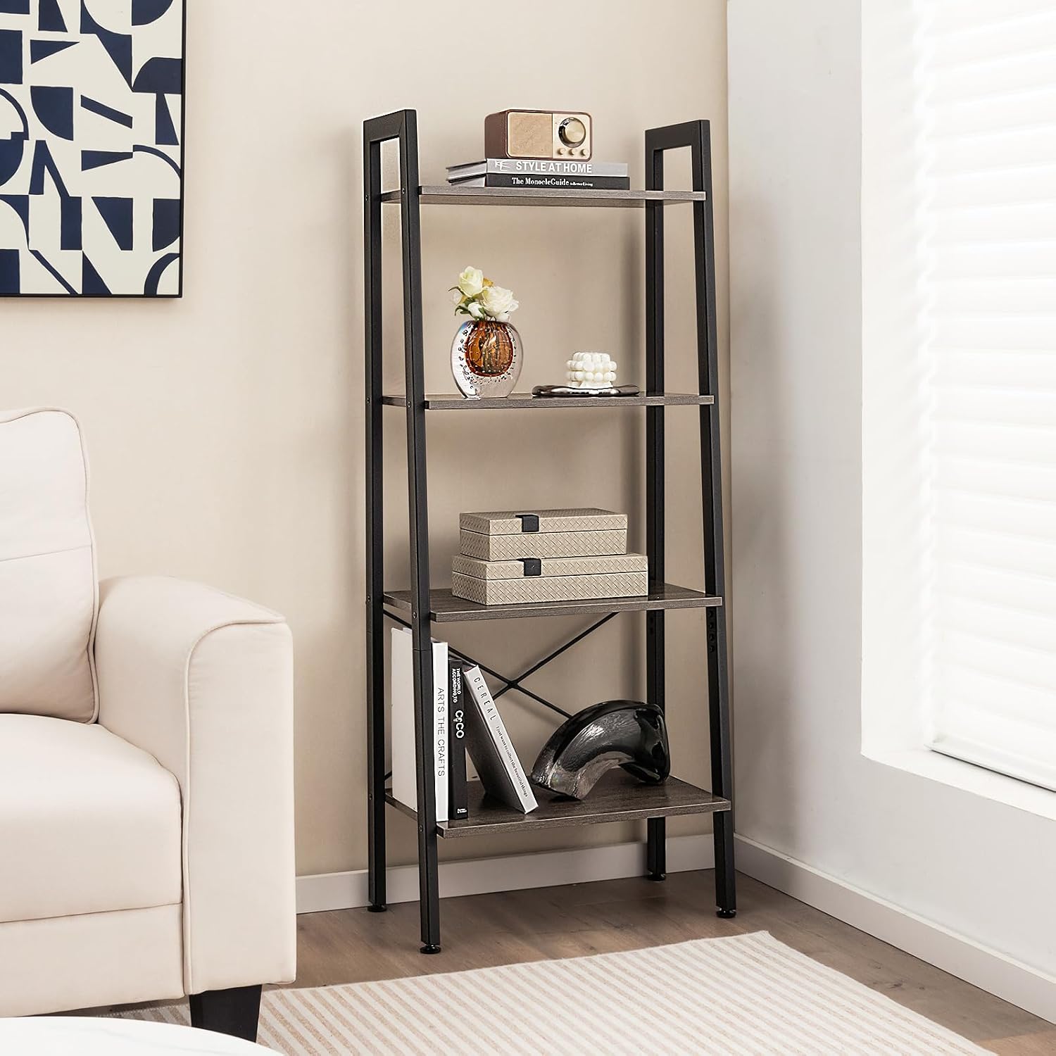 Giantex Ladder Shelf 4-Tier Industrial Bookshelf Storage Rack Shelves for Home and Office Use, Wooden Display Rack with Metal Frame (Gray)