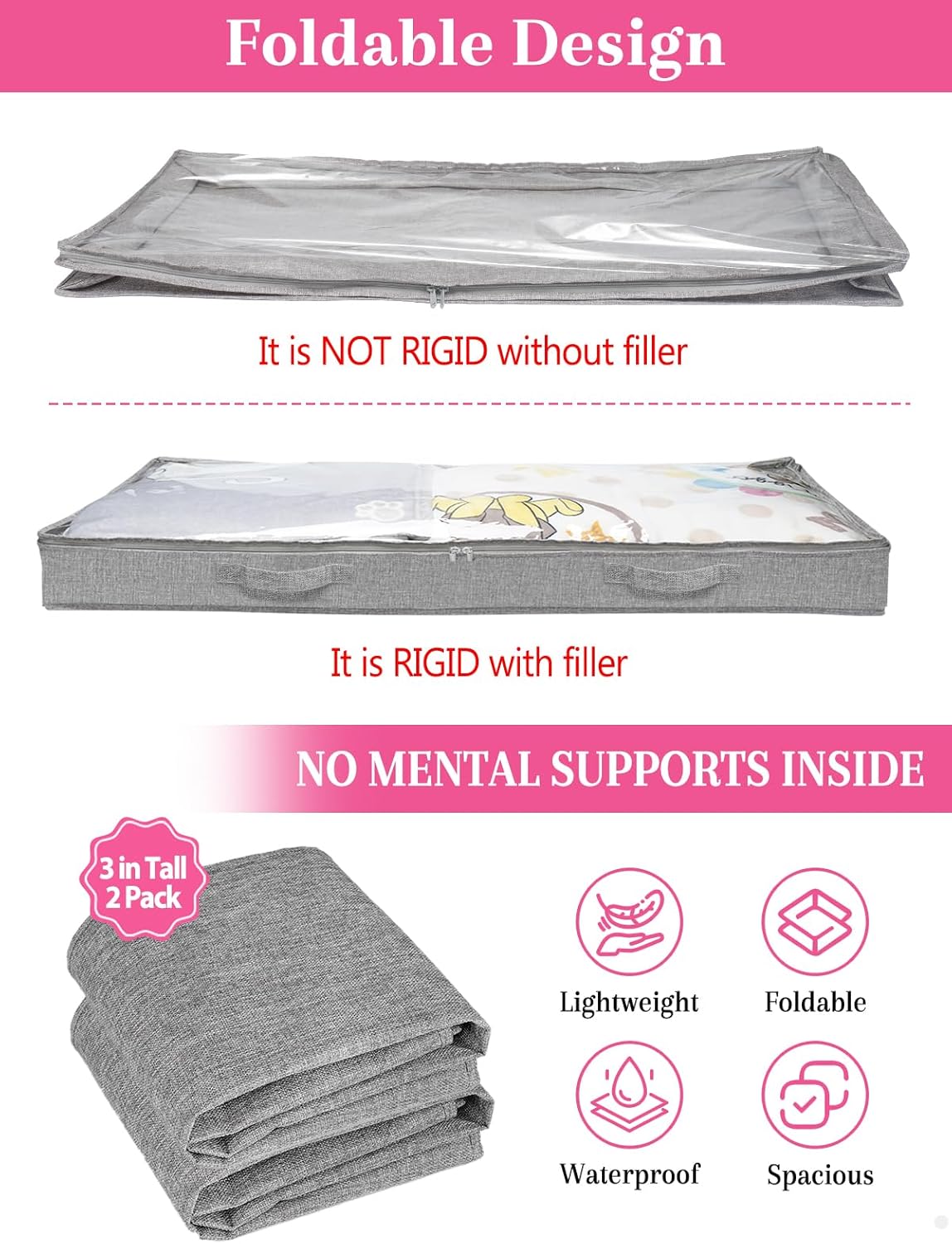 Low Profile Under Bed Storage, 3 Inches High Underbed Storage Containers Bins, NO STRUCTURE, Foldable Clothes Storage and Organizer with Lid & Zipper, Shallow Storage for Low Bed Couch Crib, 2-Pack