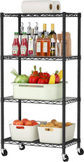 4 Tier Shelves Storage Shelf Wire Closet Bathroom Organizers Metal Pantry Kitchen Garage Shelving Unit Laundry Room Organization Home Rack Net Basket Black with Wheels 14”D X 24”W X 48.9”H