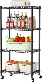 4 Tier Shelves Storage Shelf Wire Closet Bathroom Organizers Metal Pantry Kitchen Garage Shelving Unit Laundry Room Organization Home Rack Net Basket Black with Wheels 14”D X 24”W X 48.9”H