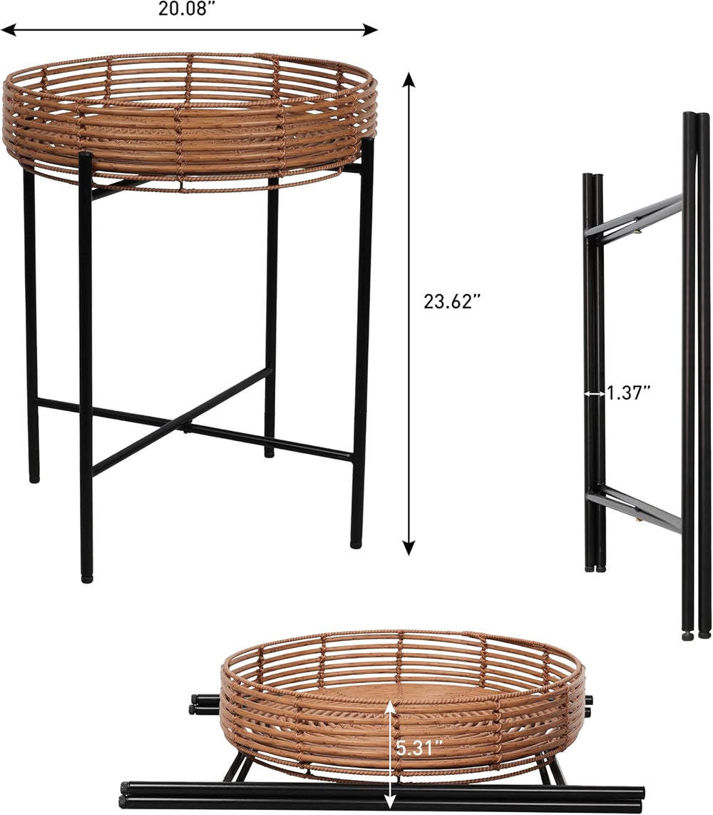 JONATHAN Y Malia 23" Round Faux Rattan Tray Top End Table, Bohemian Wove...