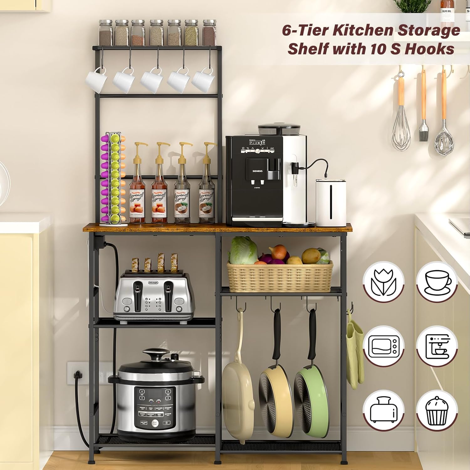 3IngSeagulls Bakers Rack with Power Outlet, Kitchen Microwave Stand with 10 S-shaped Hooks, 6-Tier Coffee Bar Station, Kitchen Storage Shelf Rack for Spices, Pots, Rustic Brown