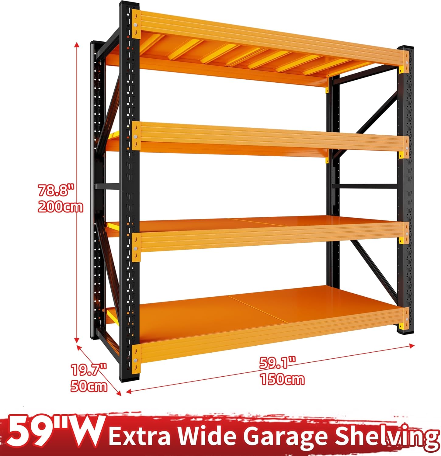 5000LBS Garage Shelving 59" W Garage Shelving Heavy Duty 4-Tier Metal Storage Shelves Adjustable Shelf Unit Storage Rack for Basement Supermarket Warehouse 59" W x 20" D x 78" H Black-Orange