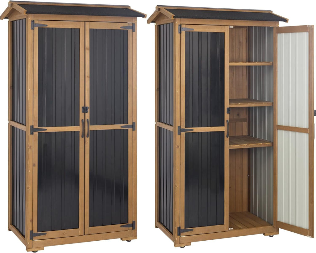 Storage Cabinet Outdoor Garage Cabinets with 3 Adjustable Shelves, Lockable Door, Wood & Metal Weather-Resistant Pantry Cabinet for Patio Garden Home Farm (33.3" Lx 21" Wx 69" H)