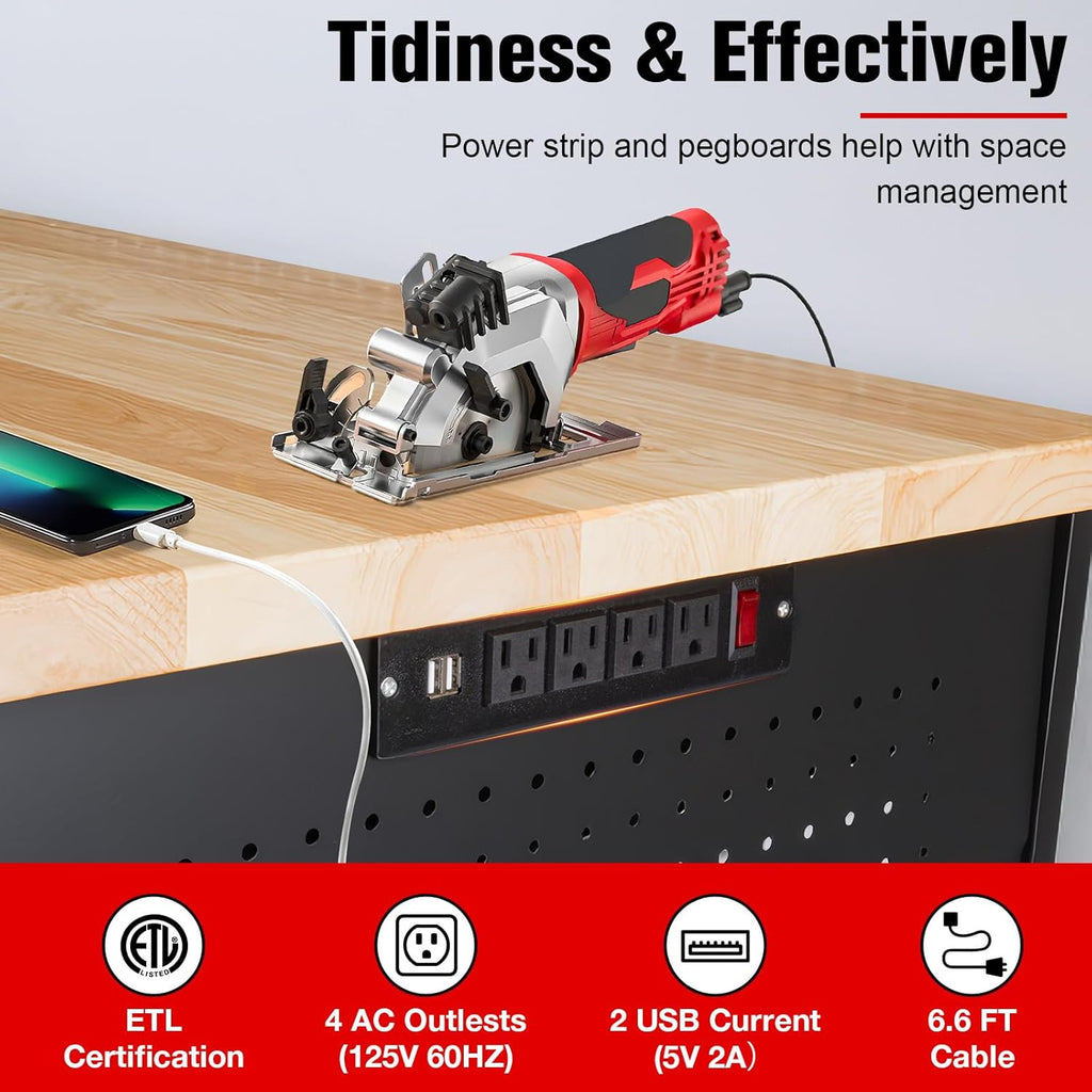 60" Workbench with Drawers, Work Benches for Garage with Strip Light, Adjustable Work Table with Large Pegboard, 2000 LBS Heavy Duty Table with Power Outlet Rubber Wood for Garage, Office