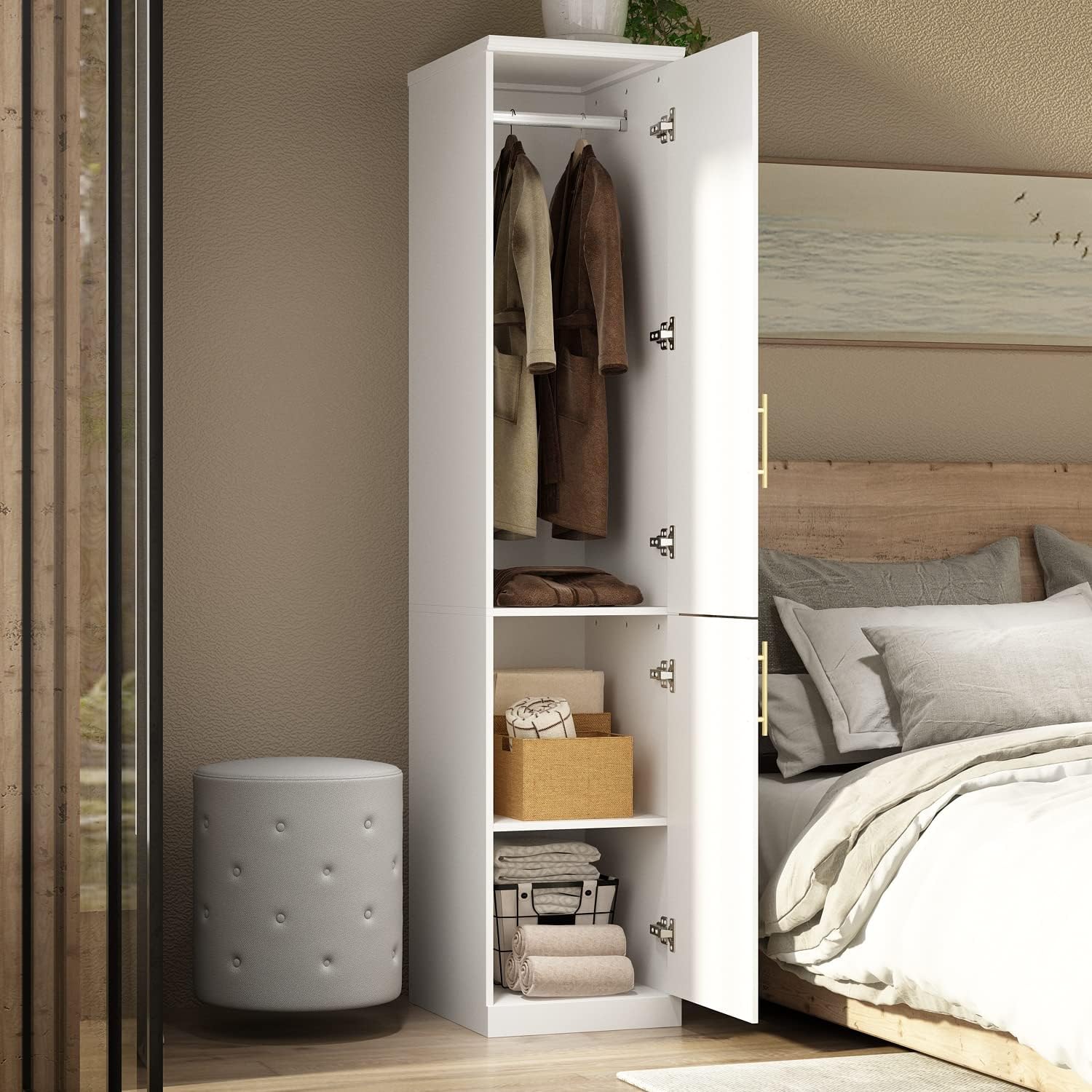 ECACAD White Slim Wardrobe Armoire with 2 Doors, 3-Tier Shelves & Hanging Rod, Wooden Closet Storage Cabinet for Bedroom (15.7”W x 19.3”D x 74.8”H)