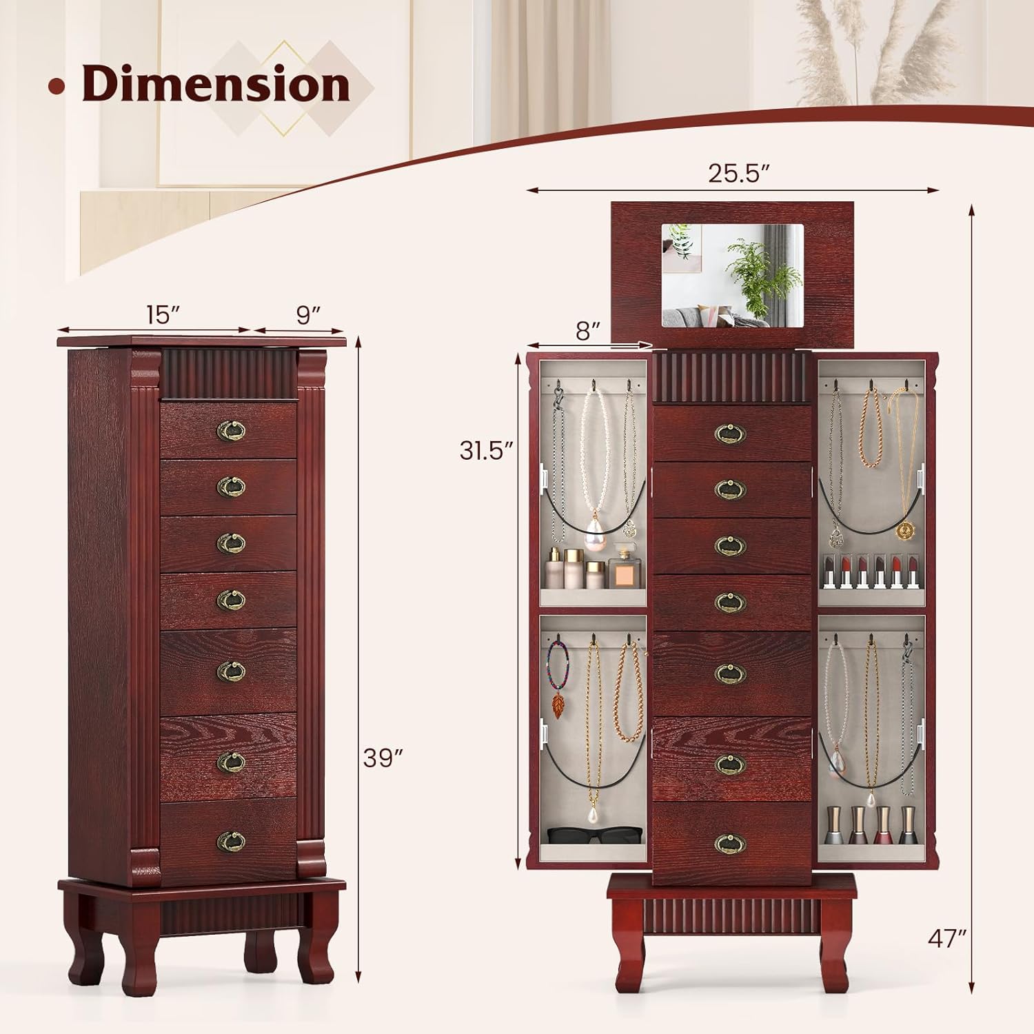 Giantex Standing Jewelry Cabinet with 7 Drawers, Flip-Top Mirror, 2 Side Doors with 12 Necklace Hooks, Divided Ring Compartments, Velvet-Lined Jewelry Armoire Organizer Chest (Cherry)