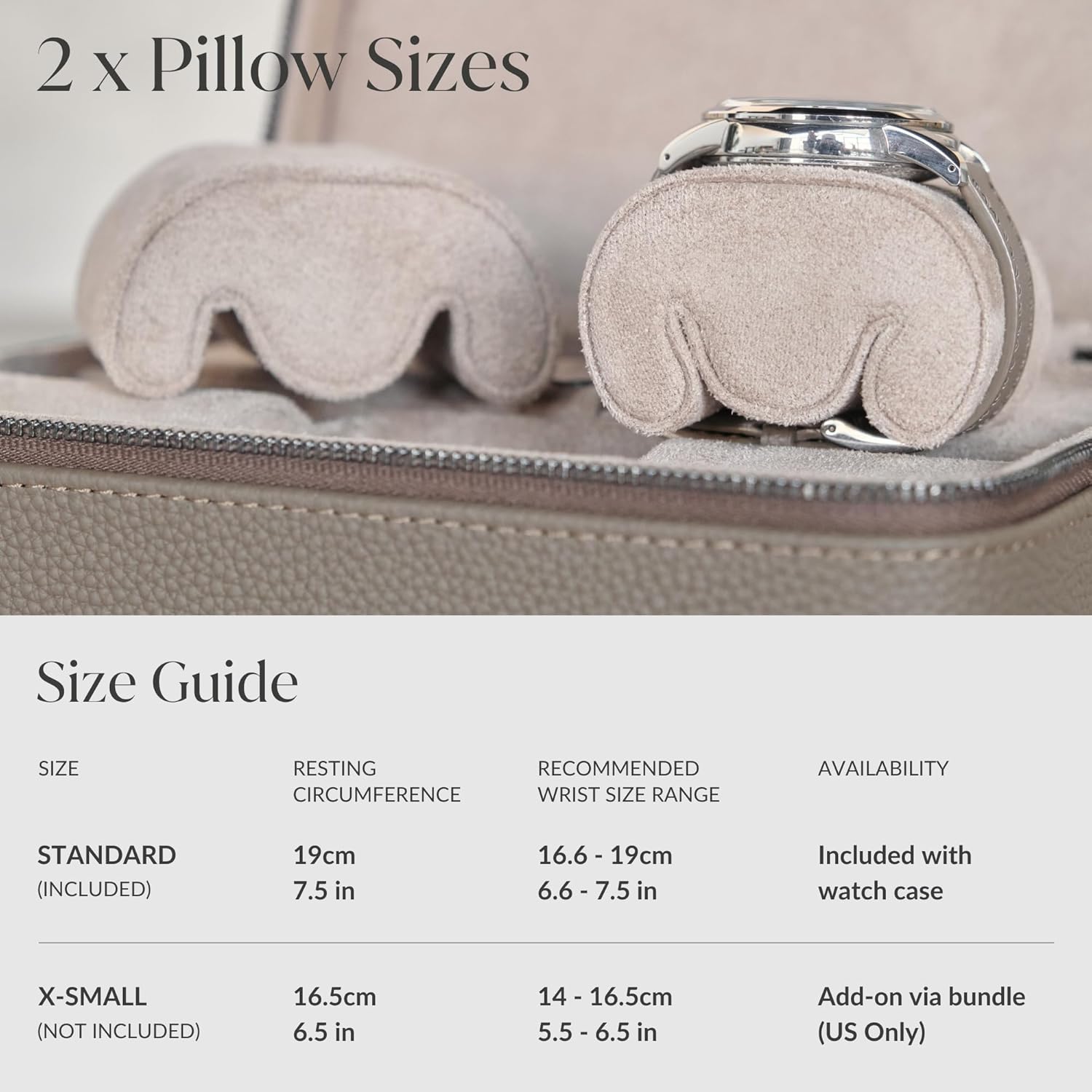 TAWBURY Watch Case - 3 Slot Portable Watch Storage Box for Home & Travel with Extra Wide Pillows for Large Watches and Compartment for Accessory Storage (Taupe)