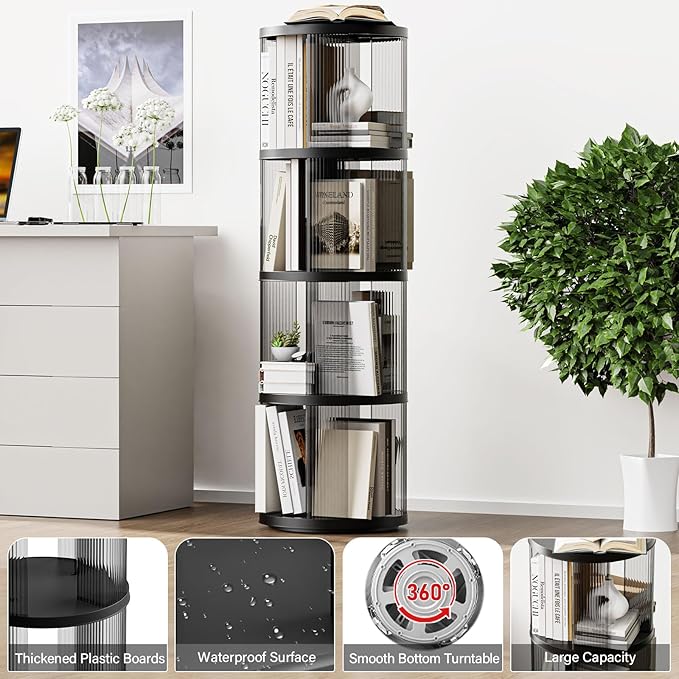 4 Tier Rotating Bookshelf, Small Corner Bookshelf for Small Space, 360 Display Floor Standing Bookcase, Lazy Susan Plastic Narrow Book Organizer for Bedroom, Living Room, Round, Black