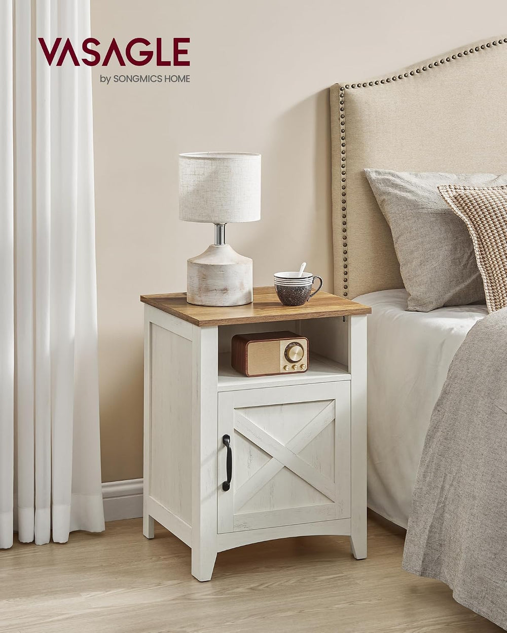 VASAGLE Nightstand Farmhouse Barn Door Bedside Table with Storage | Side End ...