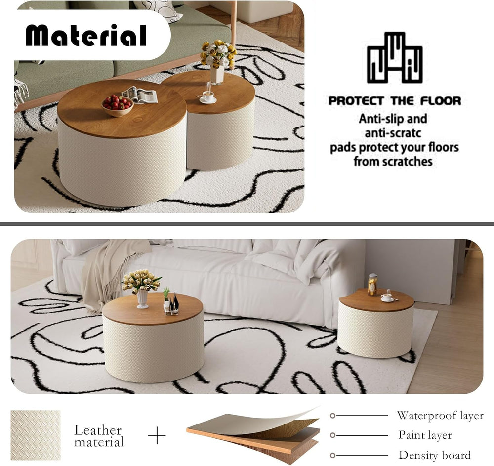 26.8" Nesting Round Coffee Table Set of 2 with Storage | Stackable Round...