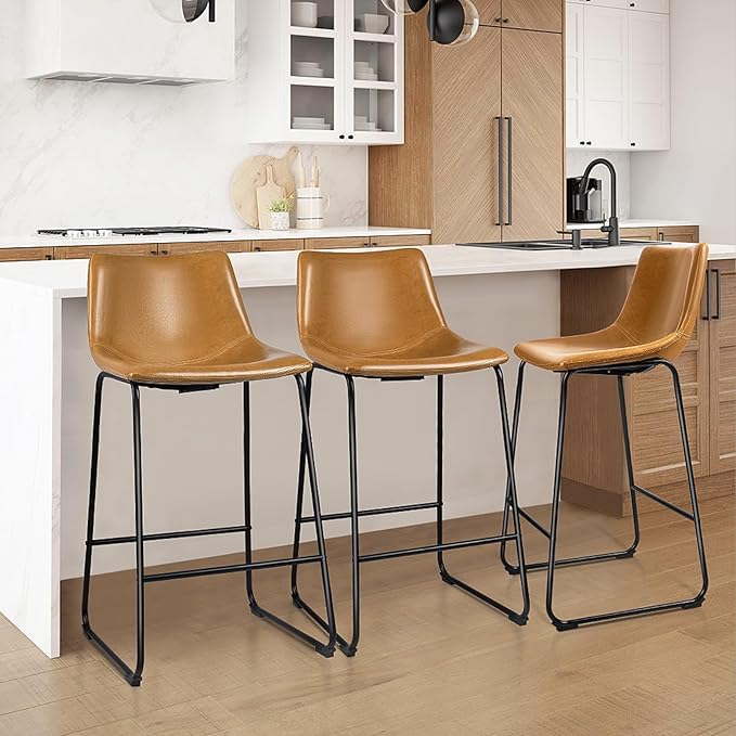 LEMBERI 30 inch Bar Stools Set of 3, Modern Counter Height Bar Stools, Faux L...