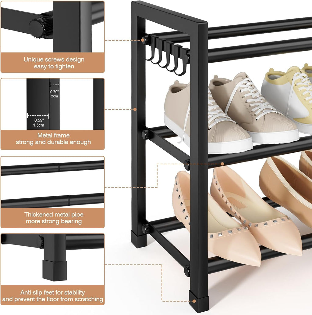 Expandable Shoe Rack - 18.5''- 47'' Adjustable Shoe Rack for Closet, 3 Tier Long Shoe Shelf Storage for 18 Pairs Shoe and Boot, Sturdy Metal Shoe Organizer for Entryway, Garage, Black