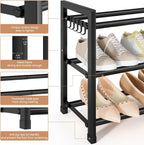 Expandable Shoe Rack - 18.5''- 47'' Adjustable Shoe Rack for Closet, 3 Tier Long Shoe Shelf Storage for 18 Pairs Shoe and Boot, Sturdy Metal Shoe Organizer for Entryway, Garage, Black